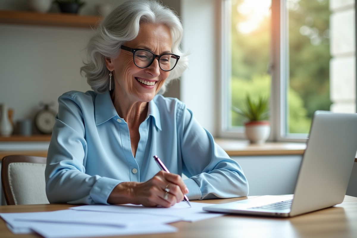 Femme retraitée remplissant un formulaire de pension à la maison