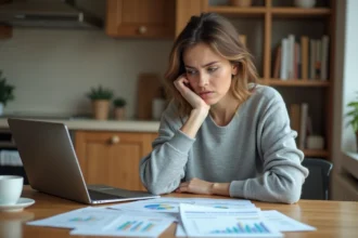 Femme consultant ses relevés de revenus de placement pour sa déclaration CAF à domicile
