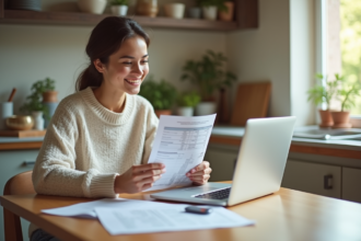 Jeune femme souriante travaillant à la maison avec ordinateur