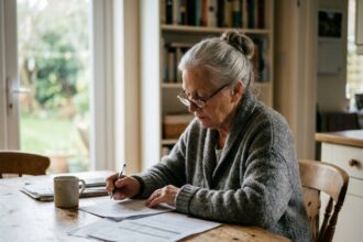 Femme senior consultant des documents d'assurance obsèques à domicile, posture sereine et réfléchie