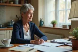 Femme senior consultant un calendrier de paiement de pension d'invalidité à la table de sa cuisine