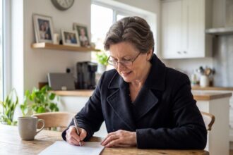 Femme d'âge moyen signant des documents financiers à la maison