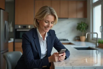 Femme d'âge moyen utilisant son smartphone dans un appartement moderne