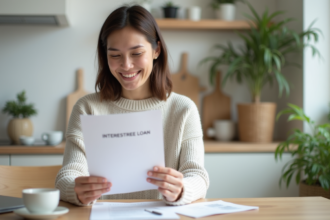 Femme souriante tenant un document de pret immobilier