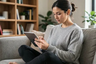 Femme utilisant une tablette tactile avec de bonnes pratiques numériques dans un salon moderne en 2026