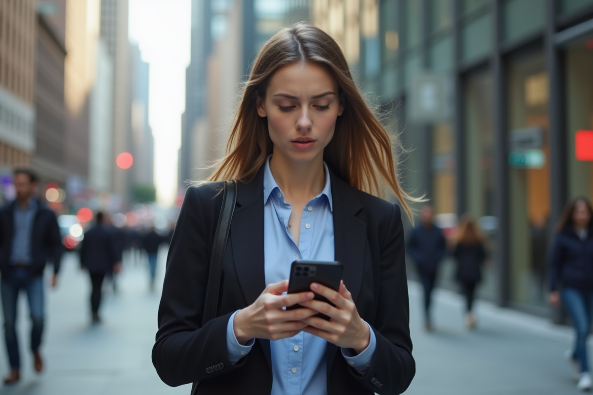Jeune femme avec smartphone dans la ville en mouvement