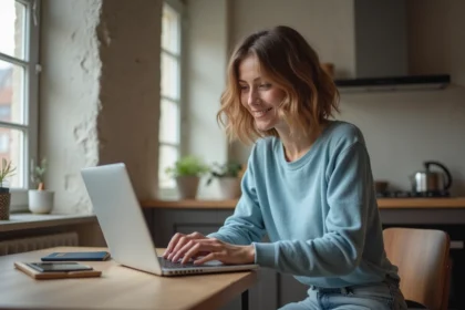 Femme souriante travaillant sur son ordinateur dans la cuisine