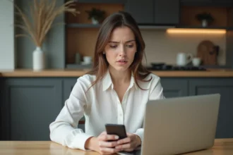 Femme en tenue professionnelle travaillant à domicile