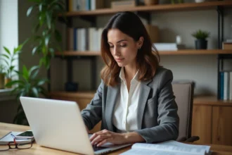 Femme en bureau moderne consulte documents de privacy