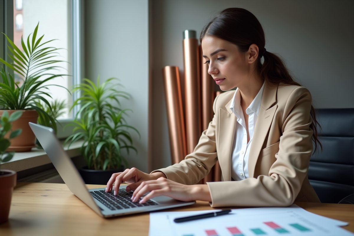 Jeune femme analysant un graphique de tendances cuivre au bureau