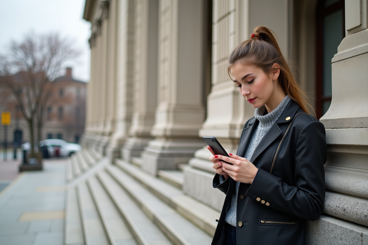 Jeune femme lisant des nouvelles de marché devant un bâtiment historique