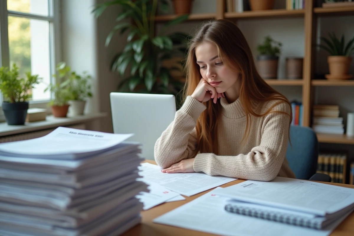 Jeune femme vérifiant ses formulaires fiscaux dans un bureau à domicile