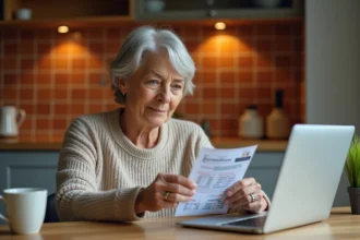 Femme vérifiant son ticket Euromillions sur un ordinateur portable dans une cuisine chaleureuse
