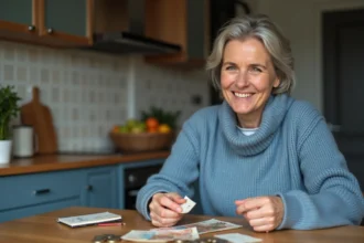 Femme souriante compare monnaies françaises et euros
