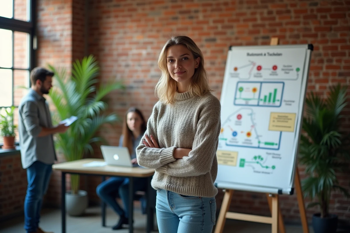 Jeune femme expliquant un diagramme blockchain en coworking