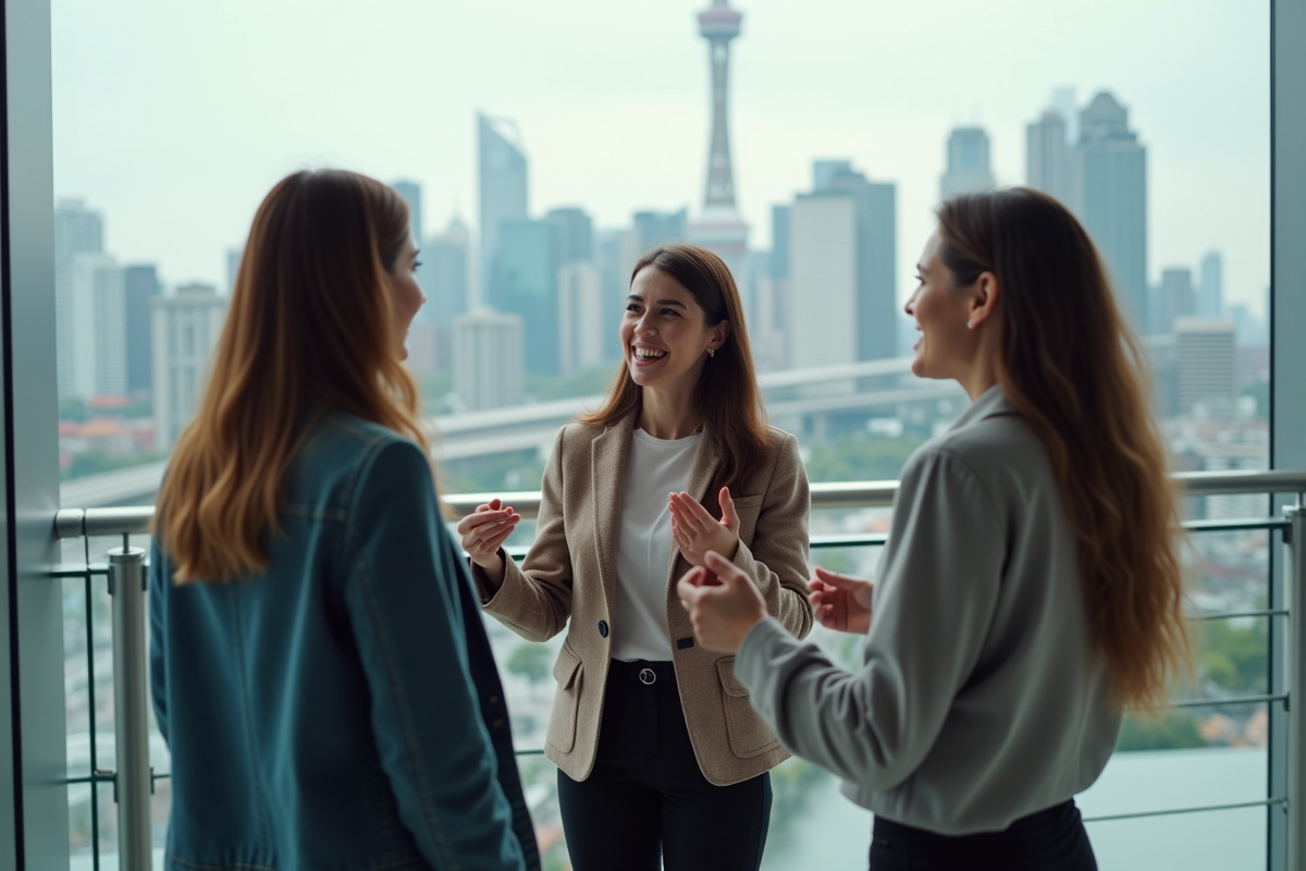 Trois femmes discutant devant un écran de prédictions Ethereum