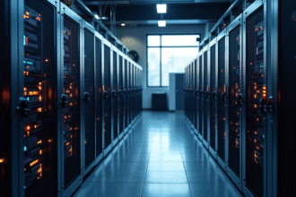 Ferme de minage bitcoin moderne avec rigs lumineux