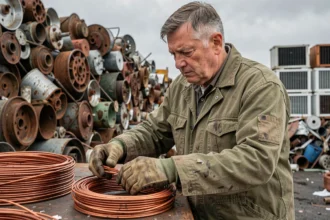 Ferrailleur triant des câbles en cuivre sur un établi métallique dans une casse industrielle