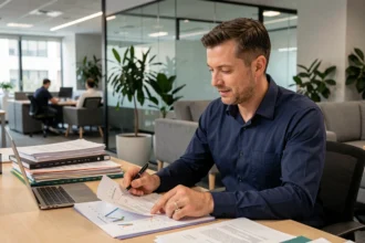 Conseiller bancaire présentant un plan de financement de parts de SCPI par crédit à un client