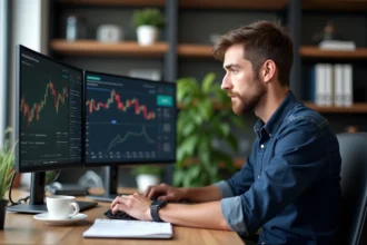 Homme consultant des documents fiscaux et des graphiques de cryptomonnaies sur un bureau à domicile