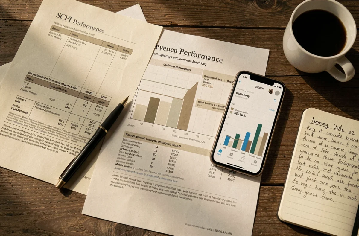 Vue de dessus d'un bureau avec rapports de rendement SCPI, smartphone et notes manuscrites