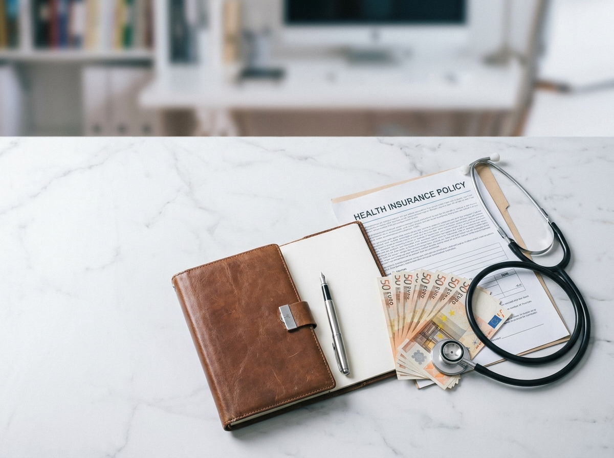 Vue aérienne d'un bureau avec stéthoscope, billets d'euros, agenda et documents d'assurance pour illustrer l'investissement santé et patrimoine