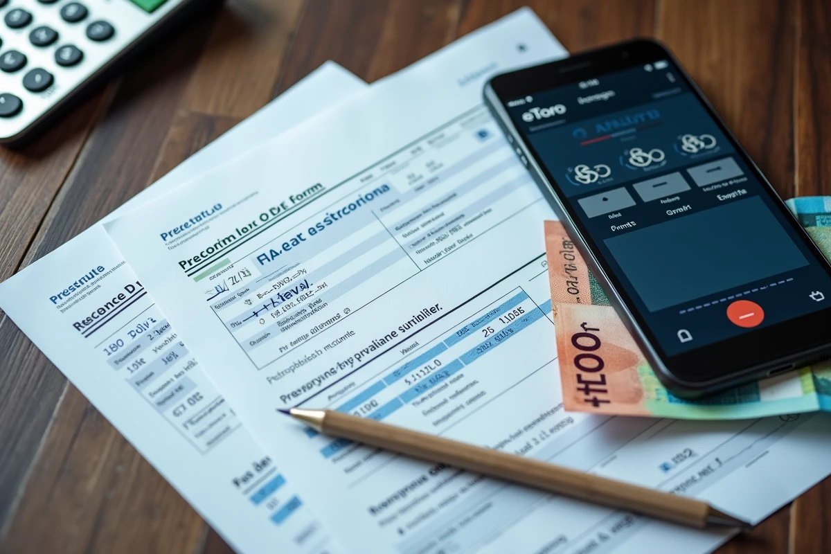 Vue de dessus d'une déclaration fiscale française, d'un smartphone avec portefeuille crypto eToro et d'une calculatrice sur un bureau en bois