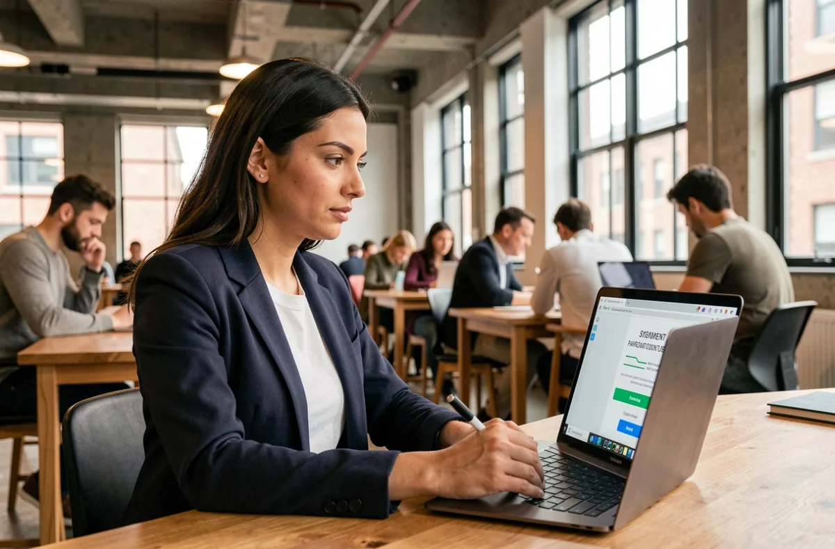 Freelance designer graphique confirmant un paiement en cryptomonnaie sur ordinateur portable dans un espace de coworking