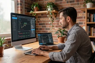 Développeur web freelance analysant des transactions blockchain sur un double écran dans un bureau à domicile moderne