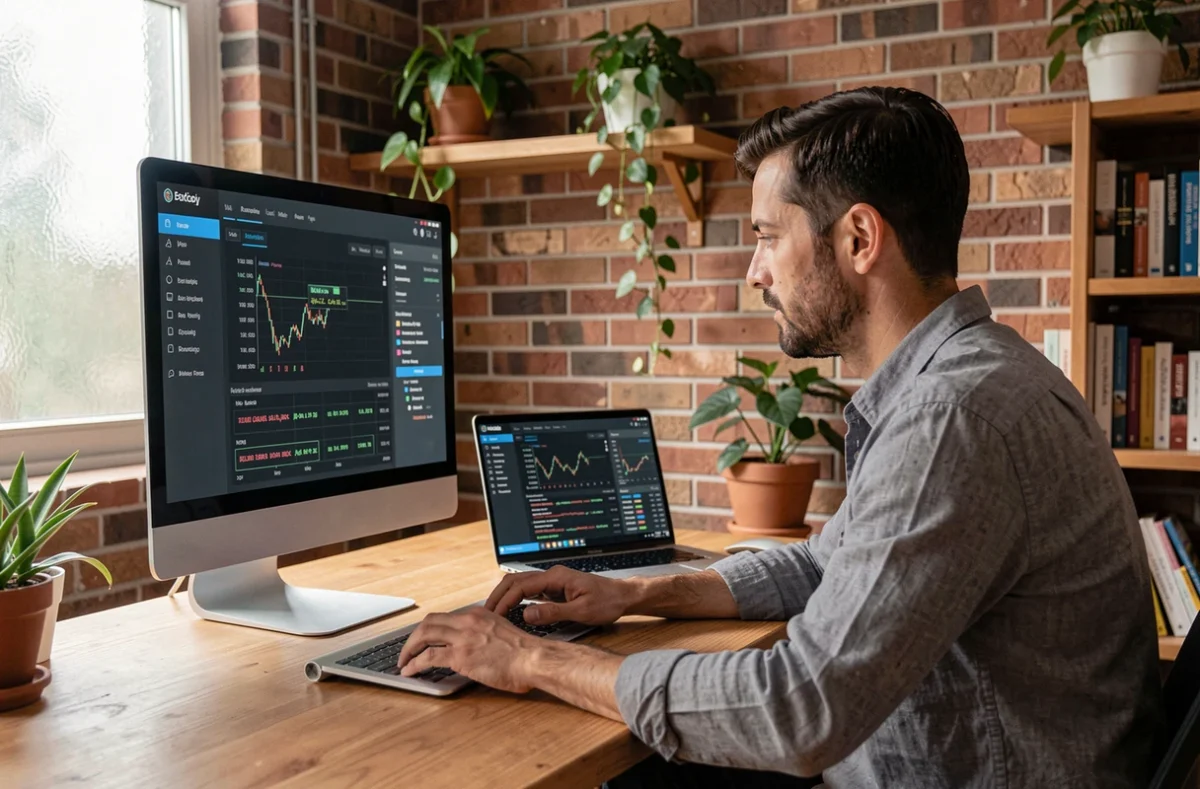 Développeur web freelance analysant des transactions blockchain sur un double écran dans un bureau à domicile moderne