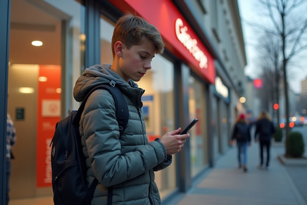 Garçon de 15 ans vérifiant son compte bancaire avec son smartphone devant la banque