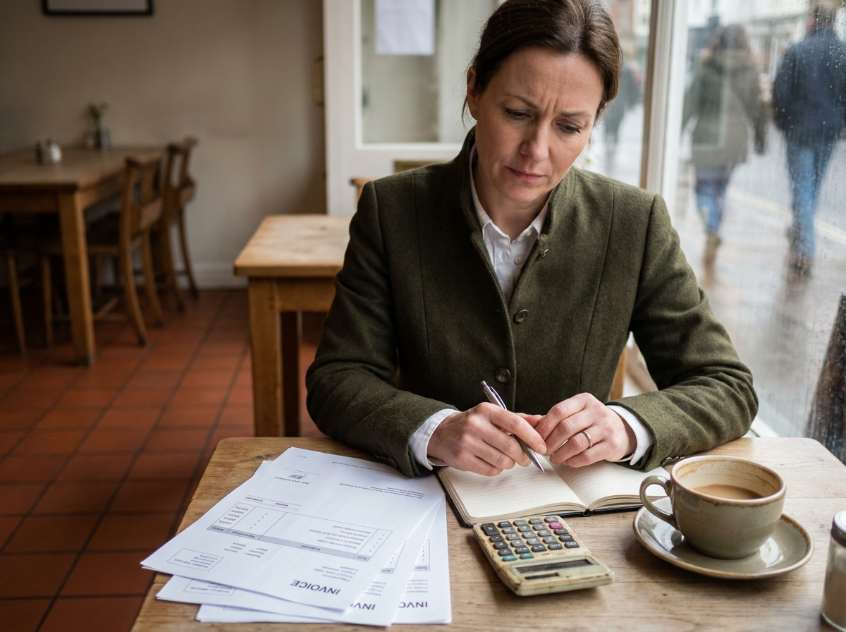 Femme gérante de micro-entreprise révisant ses factures et sa comptabilité dans un café parisien