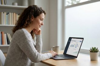 Femme gérant ses abonnements en ligne sur un ordinateur portable dans un bureau à domicile moderne
