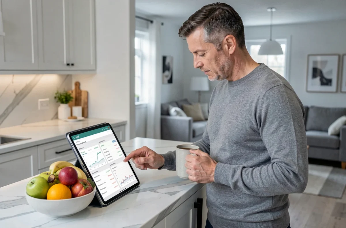 Homme consultant son interface bancaire multi-comptes Cyberplus sur une tablette dans une cuisine moderne