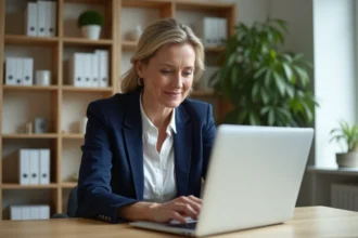 Femme professionnelle consultant la gestion de ses comptes bancaires à distance sur un ordinateur portable dans un bureau à domicile