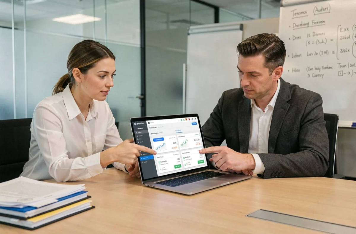 Deux collègues en réunion d'entreprise consultant une plateforme de gestion multi-comptes bancaires en ligne