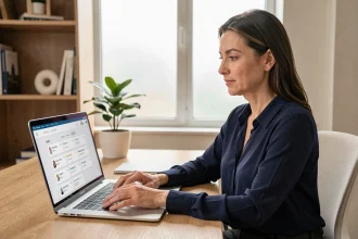 Femme professionnelle gérant plusieurs comptes bancaires en ligne sur un ordinateur portable dans un bureau moderne
