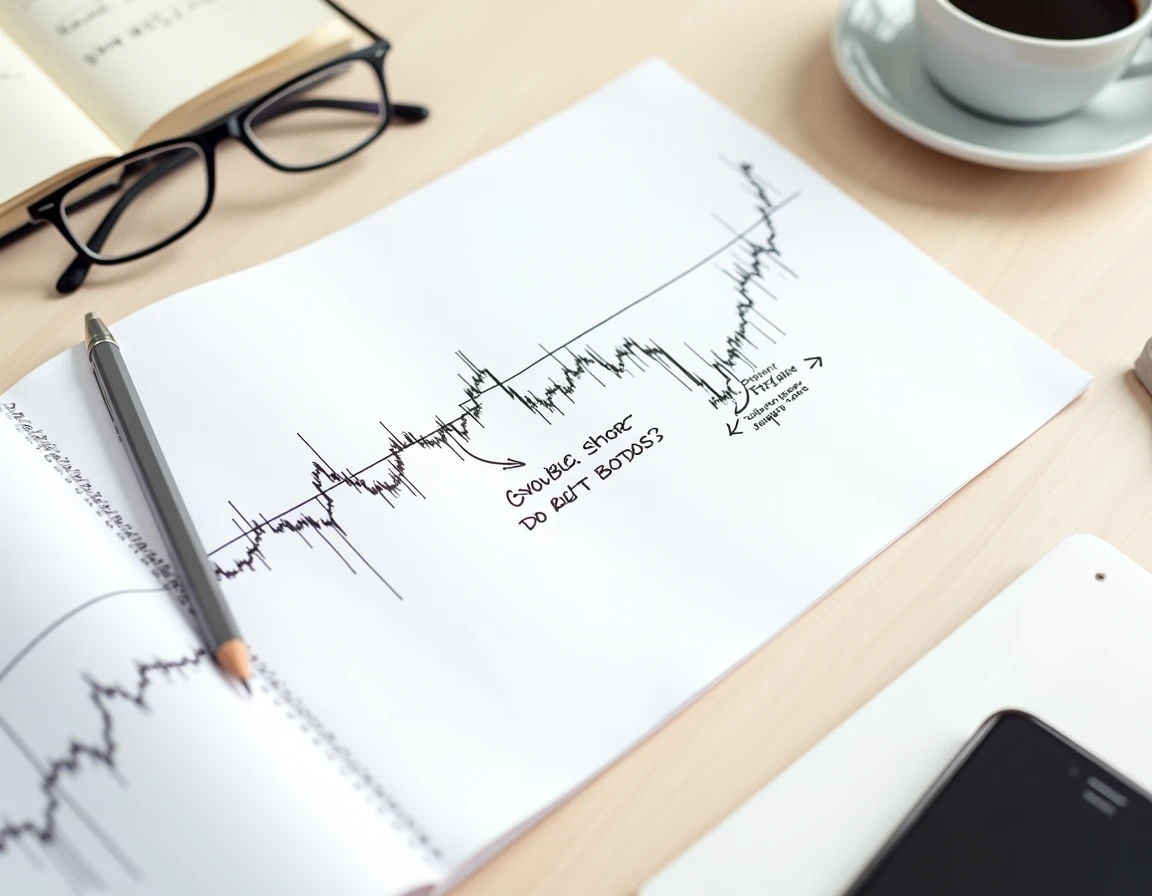 Vue aérienne d'un bureau avec un graphique double bottom annoté à la main pour une stratégie de trading