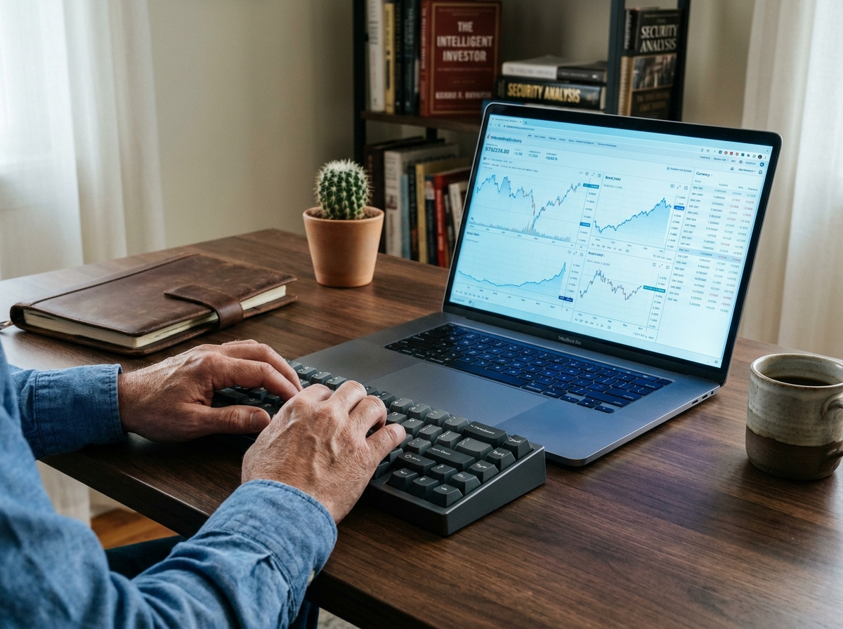 Gros plan sur les mains d'un investisseur expérimenté travaillant sur un tableau de bord de trading en ligne