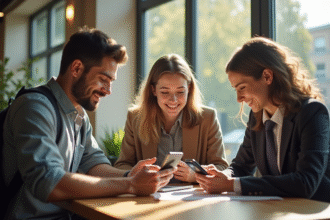 Groupe de jeunes utilisant leur smartphone pour la banque
