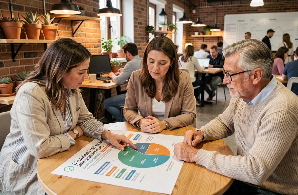 Un groupe de professionnels étudie les caractéristiques d'une SCPI de diversification dans un espace de coworking
