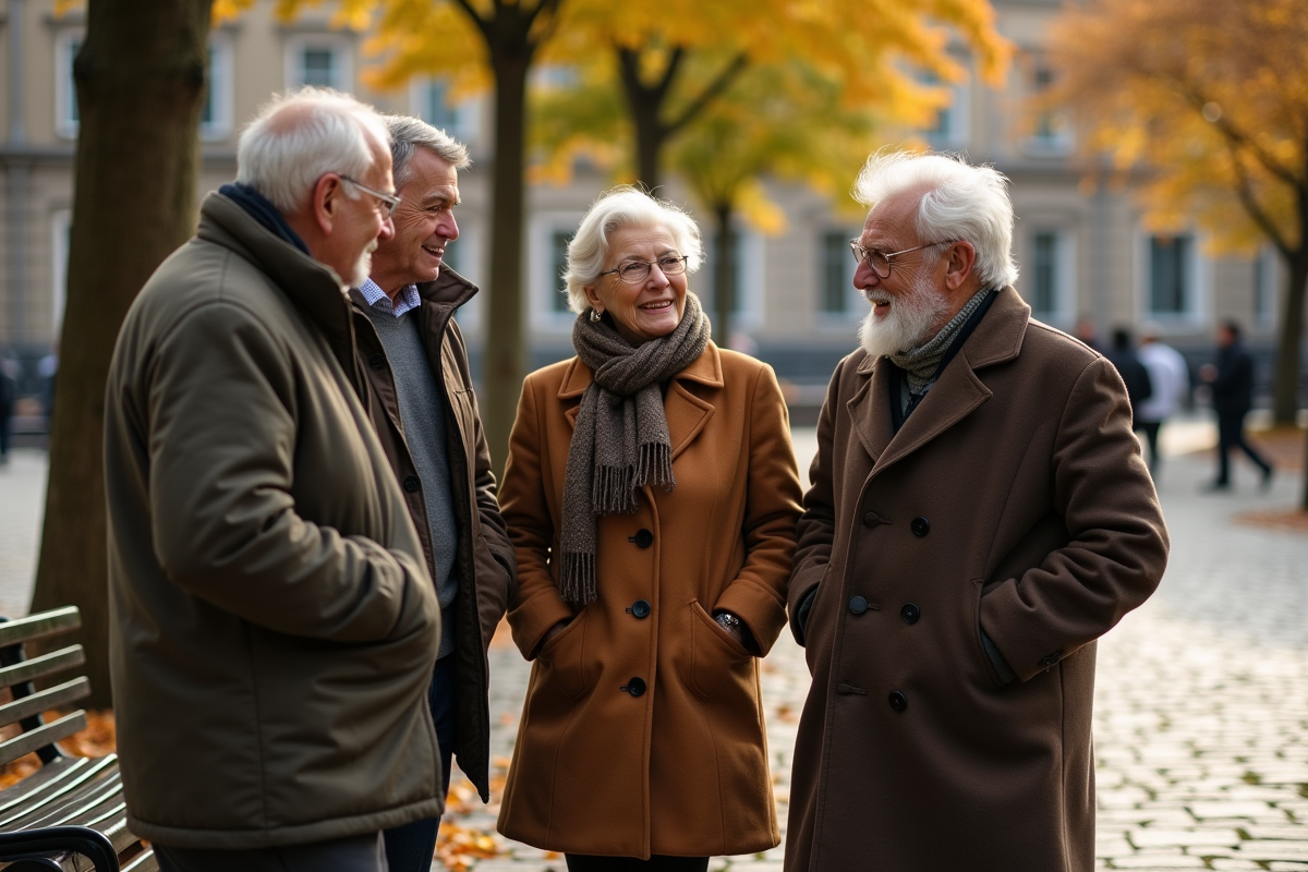 Groupe de seniors discutant dans un parc en automne