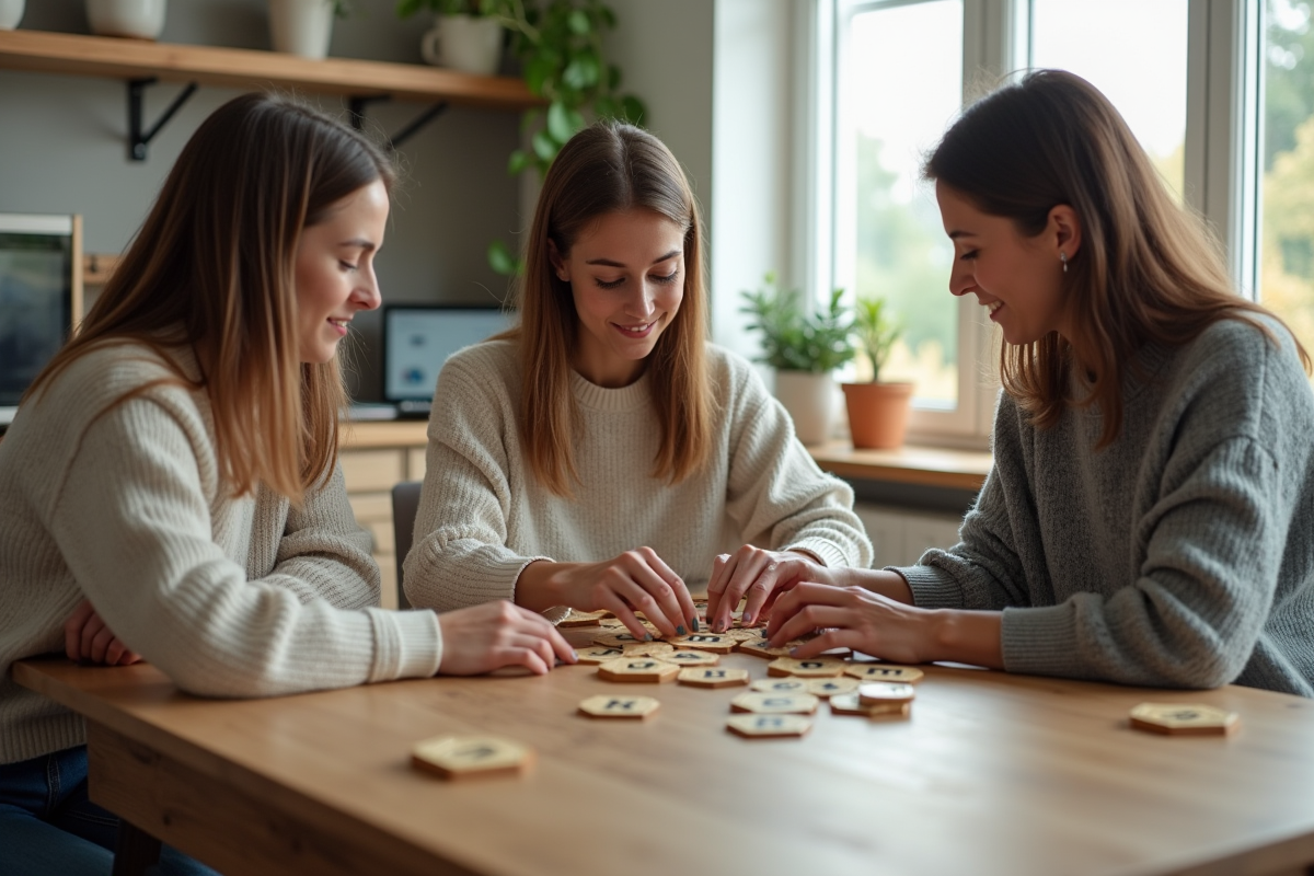 Groupe de trois personnes manipulant des jetons blockchain dans une cuisine