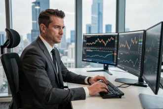 Homme en costume analysant des graphiques boursiers sur plusieurs écrans dans un bureau moderne, illustrant la méthode d'investissement en bourse dans GTA 5