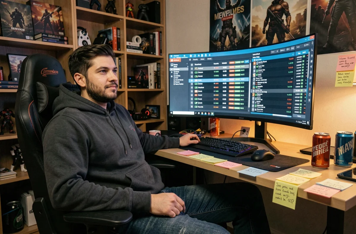Joueur en sweat à capuche gérant des investissements boursiers dans GTA 5 sur un grand écran incurvé, stratégie roleplay pour enrichir Franklin Michael et Trevor