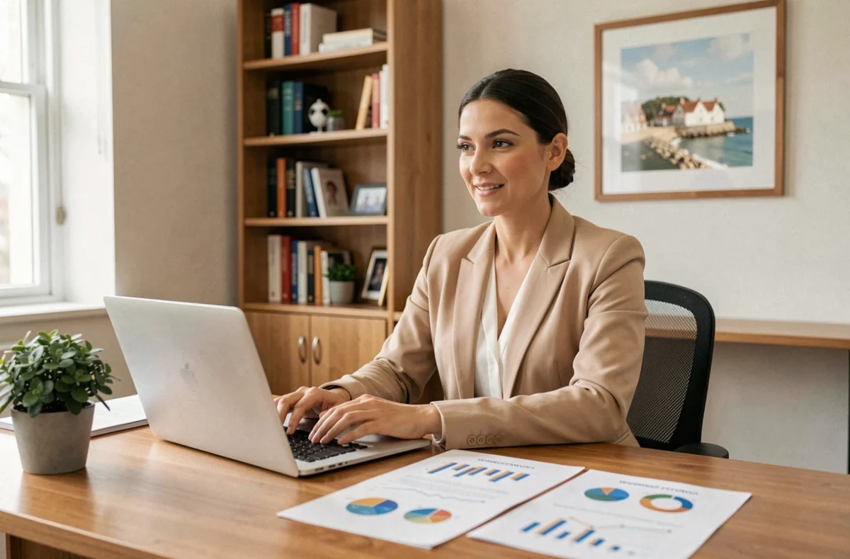 Conseillère en patrimoine de Heol Patrimoine analysant des documents financiers dans son bureau