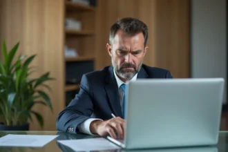 Homme d'affaires au bureau regardant un message d'erreur sur son ordinateur