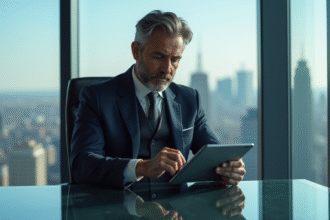 Homme d'affaires en costume examine un graphique bitcoin sur tablette