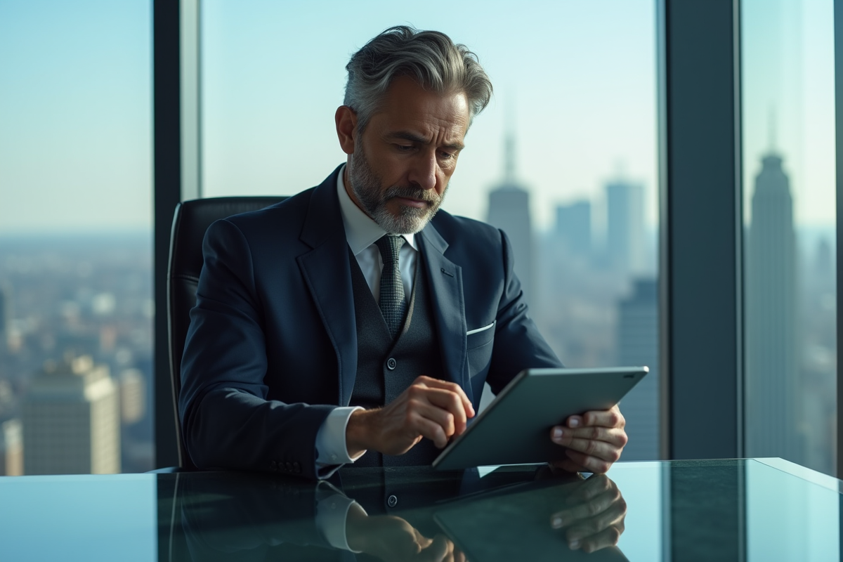 Homme d'affaires en costume examine un graphique bitcoin sur tablette