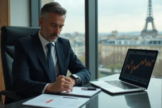 Homme d'affaires en costume dans un bureau parisien
